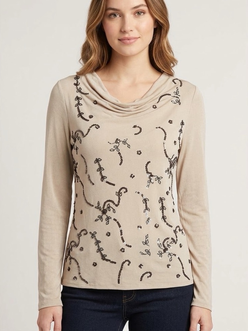 Anne Klein Beige Beaded Cowl Neck Sweater